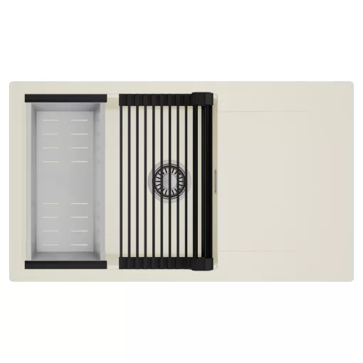 HD Onyx White 86-XL egymedencés mosogatótálca szett, matt fekete csepegtetőráccsal és krómozott kosárral, csepegtetőtálcával, tört fehér színben, szálcsiszolt króm leeresztő szifonnal