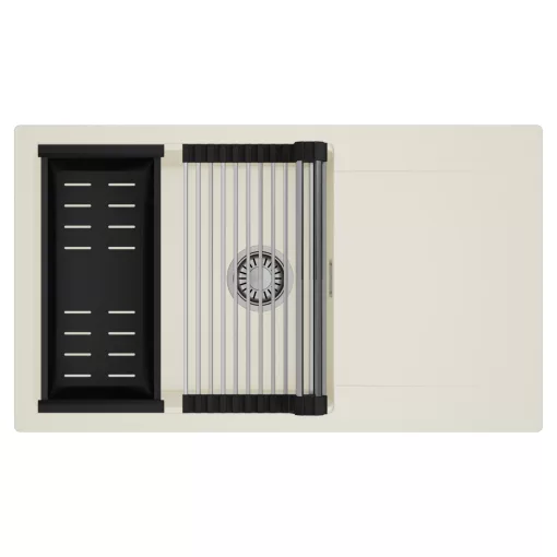 HD Onyx White 86-XL egymedencés mosogatótálca szett, acél csepegtetőráccsal és matt fekete kosárral, csepegtetőtálcával, tört fehér színben, szálcsiszolt króm leeresztő szifonnal