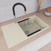 HD Onyx White 86-XL egymedencés mosogatótálca szett, acél csepegtetőráccsal és matt fekete kosárral, csepegtetőtálcával, tört fehér színben, szálcsiszolt króm leeresztő szifonnal