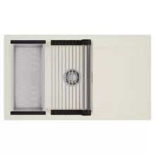 HD Onyx White 86-XL egymedencés mosogatótálca szett, acél csepegtetőráccsal és kosárral, csepegtetőtálcával, tört fehér színben, szálcsiszolt króm leeresztő szifonnal