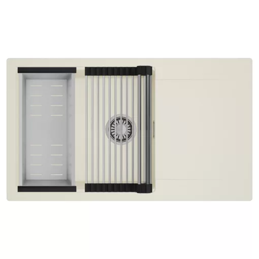 HD Onyx White 86-XL egymedencés mosogatótálca szett, acél csepegtetőráccsal és kosárral, csepegtetőtálcával, tört fehér színben, szálcsiszolt króm leeresztő szifonnal