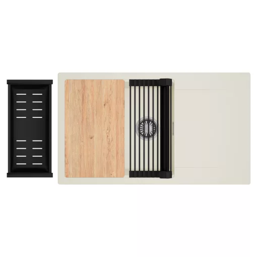 HD Onyx White 86-XL egymedencés mosogatótálca szett, vágódeszkával, matt fekete csepegtetőráccsal és kosárral, csepegtetőtálcával, tört fehér színben, szálcsiszolt króm leeresztő szifonnal