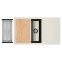 HD Onyx White 86-XL egymedencés mosogatótálca szett, vágódeszkával, matt fekete csepegtetőráccsal és krómozott kosárral, csepegtetőtálcával, tört fehér színben, szálcsiszolt króm leeresztő szifonnal