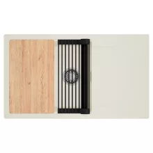 HD Onyx White 86-XL egymedencés mosogatótálca szett, vágódeszkával, matt fekete csepegtetőráccsal, csepegtetőtálcával, tört fehér színben, szálcsiszolt króm leeresztő szifonnal