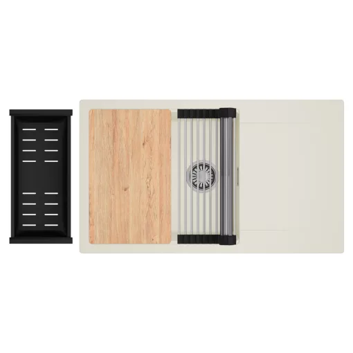 HD Onyx White 86-XL egymedencés mosogatótálca szett, vágódeszkával, acél csepegtetőráccsal és matt fekete kosárral, csepegtetőtálcával, tört fehér színben, szálcsiszolt króm leeresztő szifonnal