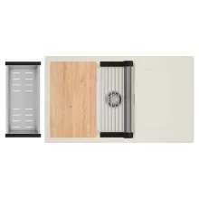 HD Onyx White 86-XL egymedencés mosogatótálca szett, vágódeszkával, acél csepegtetőráccsal és kosárral, csepegtetőtálcával, tört fehér színben, szálcsiszolt króm leeresztő szifonnal