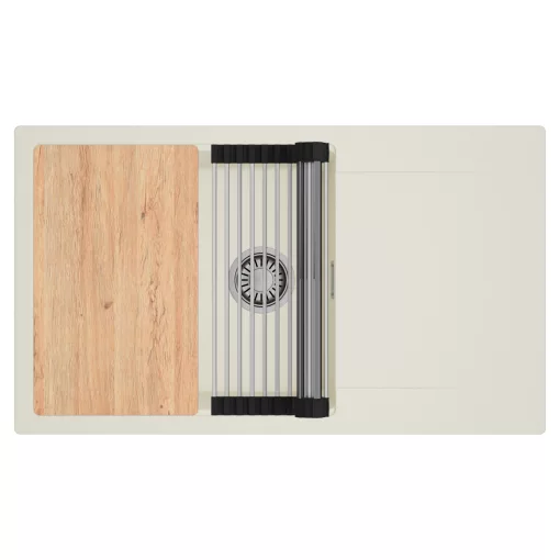 HD Onyx White 86-XL egymedencés mosogatótálca szett, vágódeszkával, acél csepegtetőráccsal, csepegtetőtálcával, tört fehér színben, szálcsiszolt króm leeresztő szifonnal