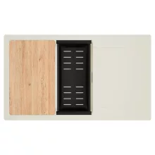 HD Onyx White 86-XL egymedencés mosogatótálca szett, vágódeszkával, matt fekete csepegtetőkosárral, csepegtetőtálcával, tört fehér színben, szálcsiszolt króm leeresztő szifonnal