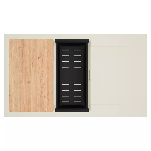 HD Onyx White 86-XL egymedencés mosogatótálca szett, vágódeszkával, matt fekete csepegtetőkosárral, csepegtetőtálcával, tört fehér színben, szálcsiszolt króm leeresztő szifonnal