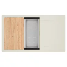 HD Onyx White 86-XL egymedencés mosogatótálca szett, vágódeszkával, acél csepegtetőkosárral, csepegtetőtálcával, tört fehér színben, szálcsiszolt króm leeresztő szifonnal