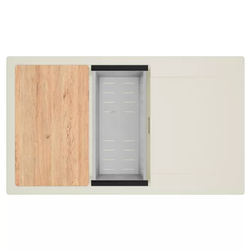 HD Onyx White 86-XL egymedencés mosogatótálca szett, vágódeszkával, acél csepegtetőkosárral, csepegtetőtálcával, tört fehér színben, szálcsiszolt króm leeresztő szifonnal