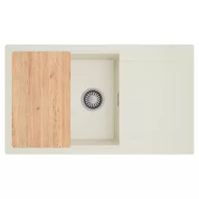 HD Onyx White 86-XL egymedencés mosogatótálca, vágódeszkával, csepegtetőtálcával, tört fehér színben, szálcsiszolt króm leeresztő szifonnal