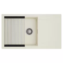 HD Onyx White 86-XL egymedencés mosogatótálca szett, acél csepegtetőráccsal, csepegtetőtálcával, tört fehér színben, szálcsiszolt króm leeresztő szifonnal