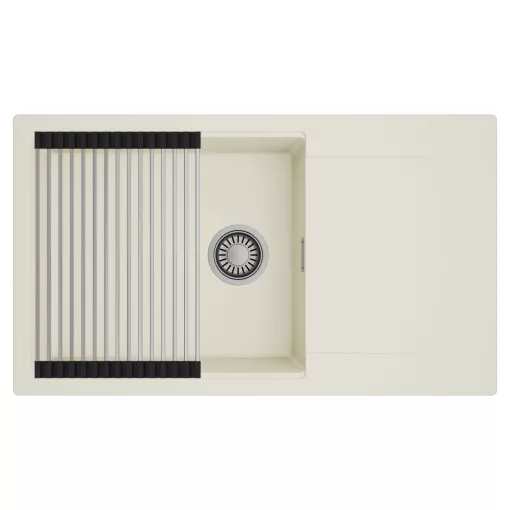 HD Onyx White 86-XL egymedencés mosogatótálca szett, acél csepegtetőráccsal, csepegtetőtálcával, tört fehér színben, szálcsiszolt króm leeresztő szifonnal