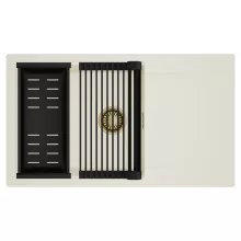 HD Onyx White 86-XL egymedencés mosogatótálca szett, matt fekete csepegtetőráccsal és kosárral, csepegtetőtálcával, tört fehér színben, szálcsiszolt arany leeresztő szifonnal