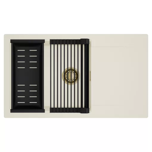 HD Onyx White 86-XL egymedencés mosogatótálca szett, matt fekete csepegtetőráccsal és kosárral, csepegtetőtálcával, tört fehér színben, szálcsiszolt arany leeresztő szifonnal