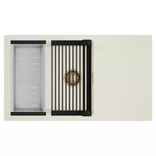 HD Onyx White 86-XL egymedencés mosogatótálca szett, matt fekete csepegtetőráccsal és krómozott kosárral, csepegtetőtálcával, tört fehér színben, szálcsiszolt arany leeresztő szifonnal