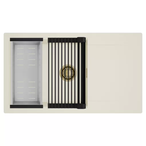 HD Onyx White 86-XL egymedencés mosogatótálca szett, matt fekete csepegtetőráccsal és krómozott kosárral, csepegtetőtálcával, tört fehér színben, szálcsiszolt arany leeresztő szifonnal