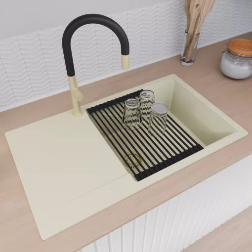 HD Onyx White 86-XL egymedencés mosogatótálca szett, matt fekete csepegtetőráccsal és krómozott kosárral, csepegtetőtálcával, tört fehér színben, szálcsiszolt arany leeresztő szifonnal