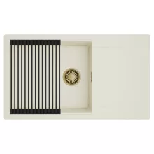 HD Onyx White 86-XL egymedencés mosogatótálca szett, matt fekete csepegtetőráccsal, csepegtetőtálcával, tört fehér színben, szálcsiszolt arany leeresztő szifonnal