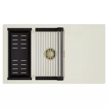 HD Onyx White 86-XL egymedencés mosogatótálca szett, acél csepegtetőráccsal és matt fekete kosárral, csepegtetőtálcával, tört fehér színben, szálcsiszolt arany leeresztő szifonnal