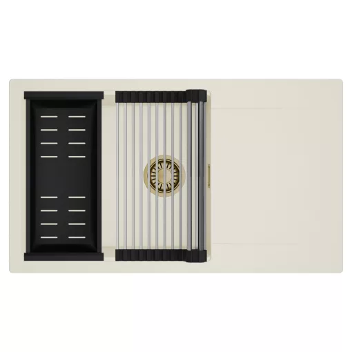 HD Onyx White 86-XL egymedencés mosogatótálca szett, acél csepegtetőráccsal és matt fekete kosárral, csepegtetőtálcával, tört fehér színben, szálcsiszolt arany leeresztő szifonnal