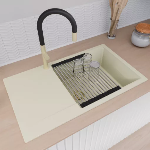 HD Onyx White 86-XL egymedencés mosogatótálca szett, acél csepegtetőráccsal és matt fekete kosárral, csepegtetőtálcával, tört fehér színben, szálcsiszolt arany leeresztő szifonnal