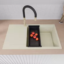 HD Onyx White 86-XL egymedencés mosogatótálca szett, acél csepegtetőráccsal és matt fekete kosárral, csepegtetőtálcával, tört fehér színben, szálcsiszolt arany leeresztő szifonnal