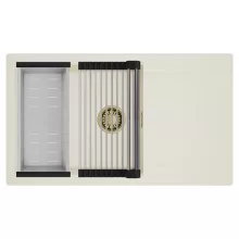 HD Onyx White 86-XL egymedencés mosogatótálca szett, acél csepegtetőráccsal és kosárral, csepegtetőtálcával, tört fehér színben, szálcsiszolt arany leeresztő szifonnal