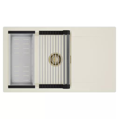 HD Onyx White 86-XL egymedencés mosogatótálca szett, acél csepegtetőráccsal és kosárral, csepegtetőtálcával, tört fehér színben, szálcsiszolt arany leeresztő szifonnal