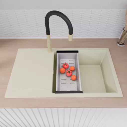 HD Onyx White 86-XL egymedencés mosogatótálca szett, acél csepegtetőráccsal és kosárral, csepegtetőtálcával, tört fehér színben, szálcsiszolt arany leeresztő szifonnal