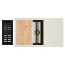 HD Onyx White 86-XL egymedencés mosogatótálca szett, vágódeszkával, matt fekete csepegtetőráccsal és kosárral, csepegtetőtálcával, tört fehér színben, szálcsiszolt arany leeresztő szifonnal