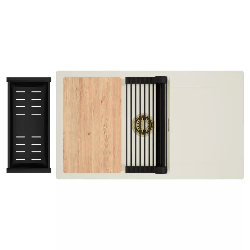 HD Onyx White 86-XL egymedencés mosogatótálca szett, vágódeszkával, matt fekete csepegtetőráccsal és kosárral, csepegtetőtálcával, tört fehér színben, szálcsiszolt arany leeresztő szifonnal