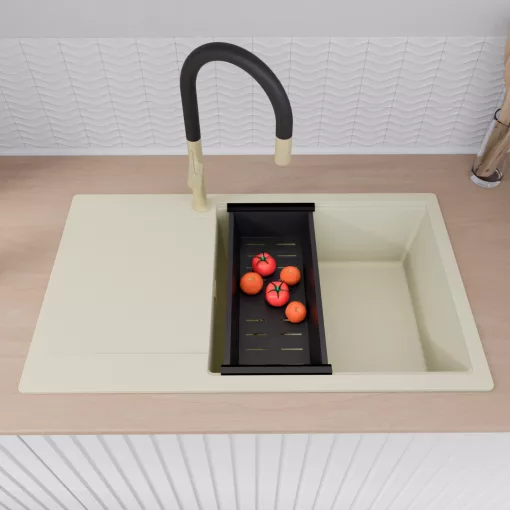 HD Onyx White 86-XL egymedencés mosogatótálca szett, vágódeszkával, matt fekete csepegtetőráccsal és kosárral, csepegtetőtálcával, tört fehér színben, szálcsiszolt arany leeresztő szifonnal