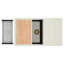 HD Onyx White 86-XL egymedencés mosogatótálca szett, vágódeszkával, matt fekete csepegtetőráccsal és krómozott kosárral, csepegtetőtálcával, tört fehér színben, szálcsiszolt arany leeresztő szifonnal