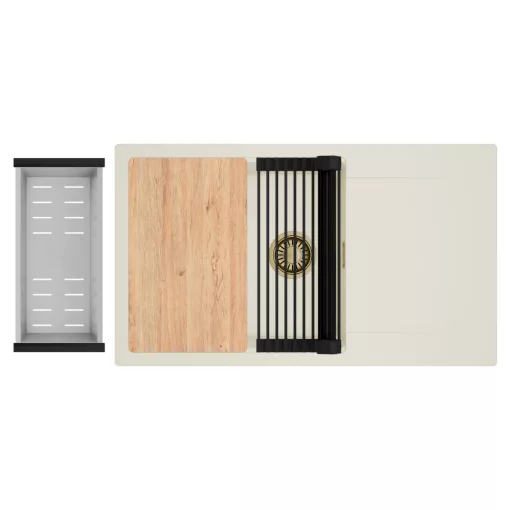 HD Onyx White 86-XL egymedencés mosogatótálca szett, vágódeszkával, matt fekete csepegtetőráccsal és krómozott kosárral, csepegtetőtálcával, tört fehér színben, szálcsiszolt arany leeresztő szifonnal