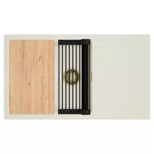 HD Onyx White 86-XL egymedencés mosogatótálca szett, vágódeszkával, matt fekete csepegtetőráccsal, csepegtetőtálcával, tört fehér színben, szálcsiszolt arany leeresztő szifonnal