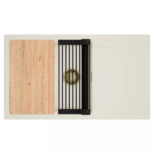 HD Onyx White 86-XL egymedencés mosogatótálca szett, vágódeszkával, matt fekete csepegtetőráccsal, csepegtetőtálcával, tört fehér színben, szálcsiszolt arany leeresztő szifonnal