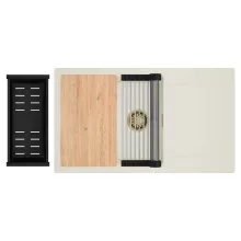 HD Onyx White 86-XL egymedencés mosogatótálca szett, vágódeszkával, acél csepegtetőráccsal és matt fekete kosárral, csepegtetőtálcával, tört fehér színben, szálcsiszolt arany leeresztő szifonnal