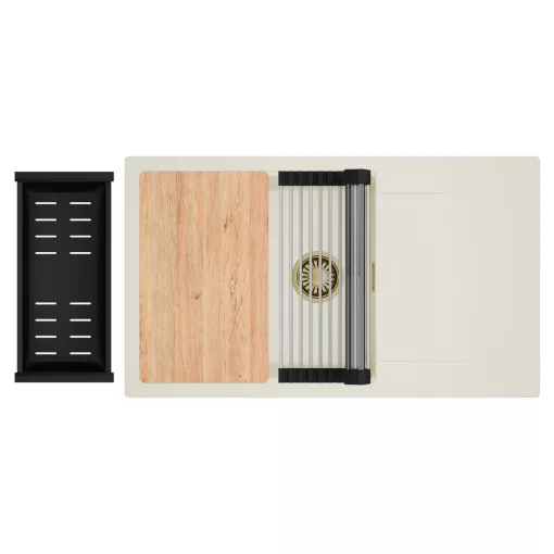 HD Onyx White 86-XL egymedencés mosogatótálca szett, vágódeszkával, acél csepegtetőráccsal és matt fekete kosárral, csepegtetőtálcával, tört fehér színben, szálcsiszolt arany leeresztő szifonnal