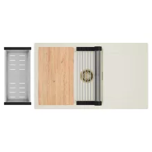 HD Onyx White 86-XL egymedencés mosogatótálca szett, vágódeszkával, acél csepegtetőráccsal és kosárral, csepegtetőtálcával, tört fehér színben, szálcsiszolt arany leeresztő szifonnal