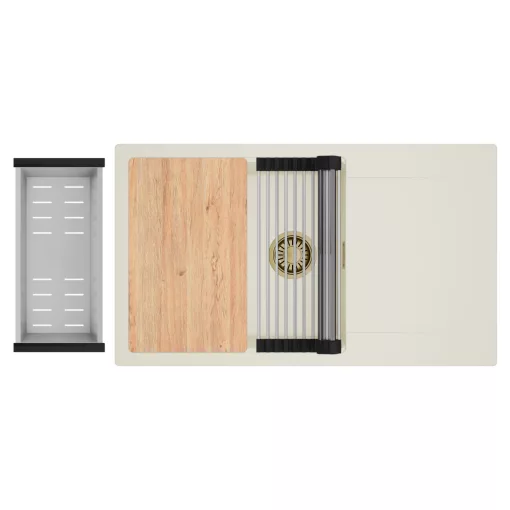 HD Onyx White 86-XL egymedencés mosogatótálca szett, vágódeszkával, acél csepegtetőráccsal és kosárral, csepegtetőtálcával, tört fehér színben, szálcsiszolt arany leeresztő szifonnal