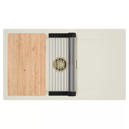 HD Onyx White 86-XL egymedencés mosogatótálca szett, vágódeszkával, acél csepegtetőráccsal, csepegtetőtálcával, tört fehér színben, szálcsiszolt arany leeresztő szifonnal