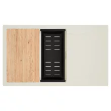 HD Onyx White 86-XL egymedencés mosogatótálca szett, vágódeszkával, matt fekete csepegtetőkosárral, csepegtetőtálcával, tört fehér színben, szálcsiszolt arany leeresztő szifonnal