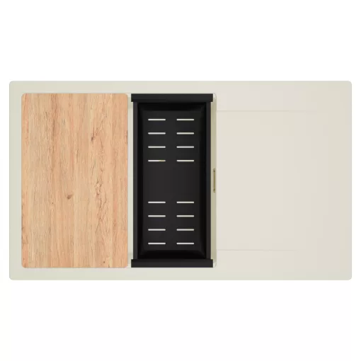 HD Onyx White 86-XL egymedencés mosogatótálca szett, vágódeszkával, matt fekete csepegtetőkosárral, csepegtetőtálcával, tört fehér színben, szálcsiszolt arany leeresztő szifonnal