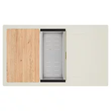 HD Onyx White 86-XL egymedencés mosogatótálca szett, vágódeszkával, acél csepegtetőkosárral, csepegtetőtálcával, tört fehér színben, szálcsiszolt arany leeresztő szifonnal