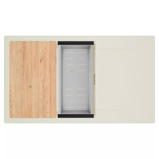 HD Onyx White 86-XL egymedencés mosogatótálca szett, vágódeszkával, acél csepegtetőkosárral, csepegtetőtálcával, tört fehér színben, szálcsiszolt arany leeresztő szifonnal