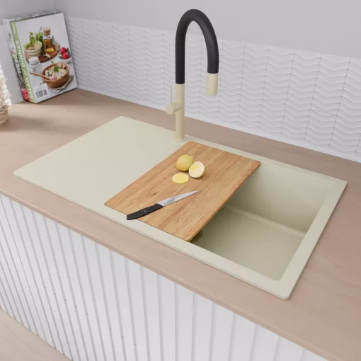 HD Onyx White 86-XL egymedencés mosogatótálca szett, vágódeszkával, acél csepegtetőkosárral, csepegtetőtálcával, tört fehér színben, szálcsiszolt arany leeresztő szifonnal