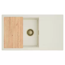 HD Onyx White 86-XL egymedencés mosogatótálca, vágódeszkával, csepegtetőtálcával, tört fehér színben, szálcsiszolt arany leeresztő szifonnal