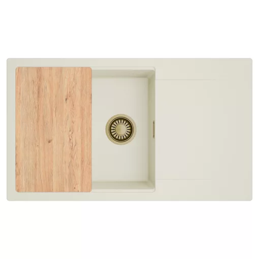 HD Onyx White 86-XL egymedencés mosogatótálca, vágódeszkával, csepegtetőtálcával, tört fehér színben, szálcsiszolt arany leeresztő szifonnal